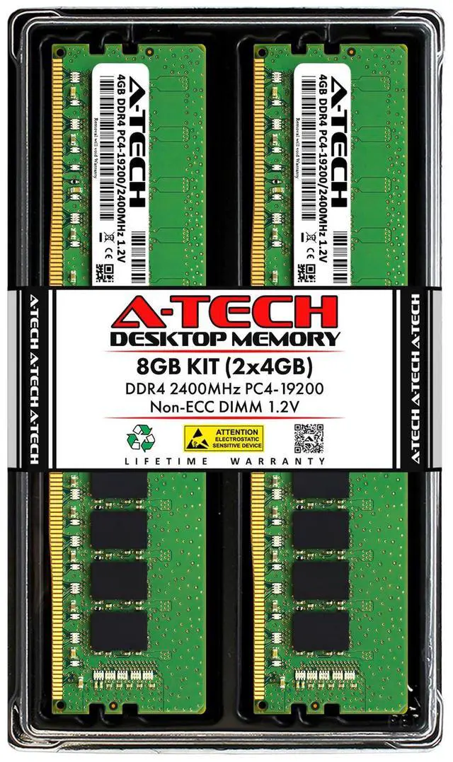 Main image of A-Tech 8GB 2x 4GB DDR4 2400 PC4-19200 Desktop 288-Pin DIMM Memory RAM Kit 4G 8G