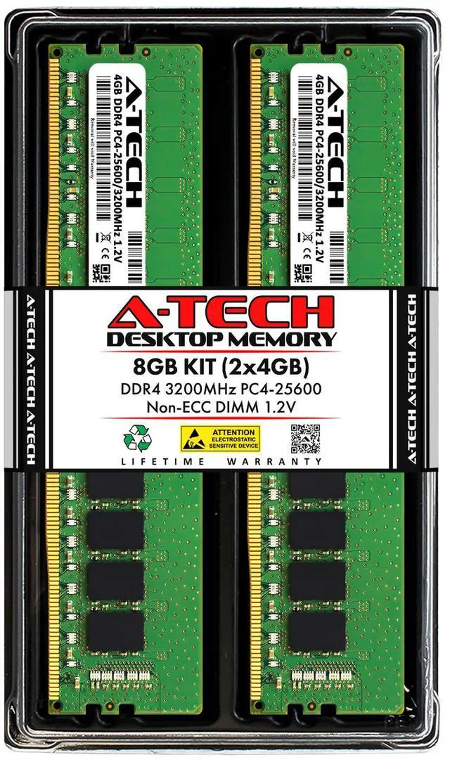 Main image of A-Tech 8GB Kit 2x 4GB PC4-25600 DIMM DDR4 3200 1.2V Non-ECC Desktop Memory RAM