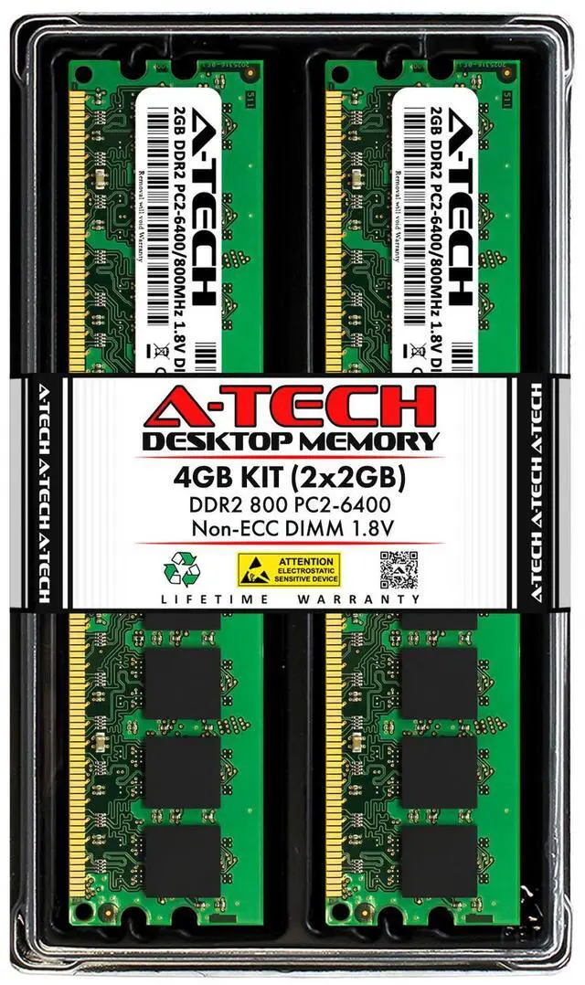Main image of A-Tech 4GB 2x 2GB PC2-6400 Desktop DIMM DDR2 800 MHz Non-ECC Memory RAM 6400U 4G