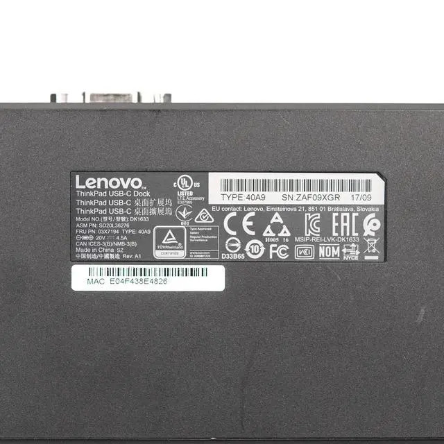 Alt view image 4 of 5 - Lenovo ThinkPad USB-C Dock 40A9 DK1633 SD20L36276 Laptop Docking Station - No AC