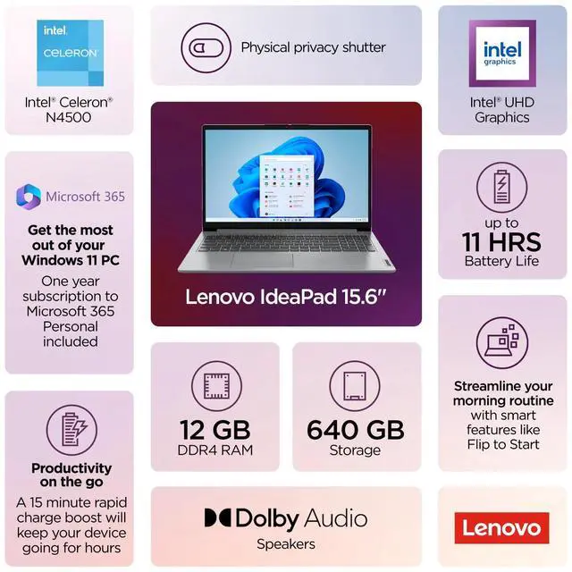 Alt view image 2 of 7 - 2026 Lenovo IdeaPad Laptop Computer 14" Slim Intel CPU, 12GB RAM & 640GB Storage