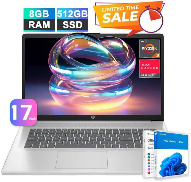 Main image of HP 17 Laptop Office 2024 Computer 17.3 4-Core Ryzen 3 8GB RAM 512GB SSD Win Pro