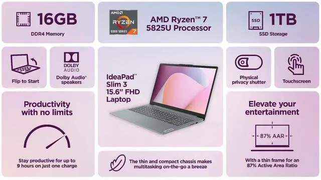 Alt view image 3 of 7 - 2026 Lenovo Slim 3 Business Laptop 15.6 AMD Ryzen 7 16GB RAM 1TB SSD Office 2024