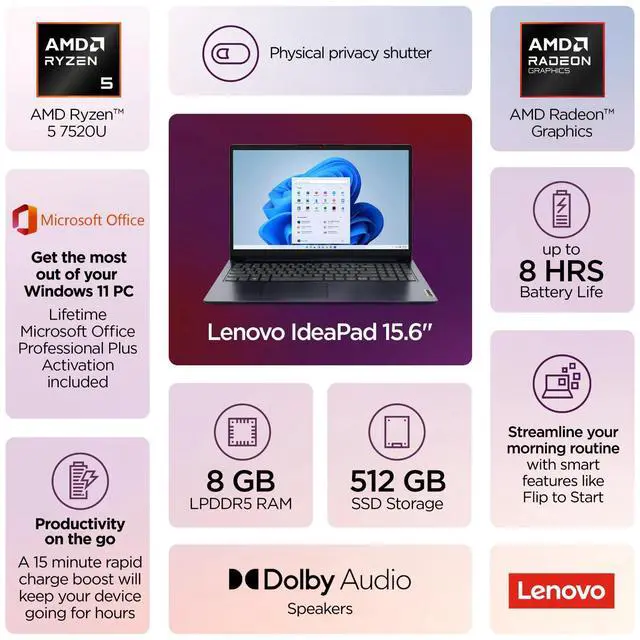 Alt view image 2 of 7 - Lenovo IdeaPad Laptop 15.6" FHD Touch AMD Ryzen 5, 8GB RAM 512GB SSD, Win 11 Pro