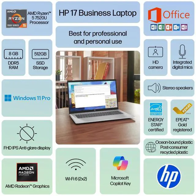 Alt view image 2 of 7 - 2026 HP Pavilion Laptop 17.3" FHD, AMD Ryzen 5, 8GB RAM & 512GB SSD Win 11 Pro