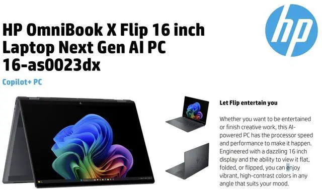 Alt view image 2 of 5 - HP OmniBook X Flip 16" WUXGA Touch Intel Ultra 7-256V 2.20GHz 16GB 1TB SSD W11H
