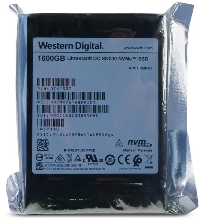 Main image of WD DC SN200 1.6TB HUSMR7616BDP301 0TS1307 PCIe Gen 3.0x4 4GB/s MLC NVMe 2.5" SSD