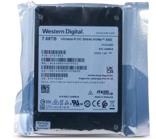 Main image of WD SN640 7.68TB WUS4BB076D7P3E4 0TS1852 PCIe Gen 3.1 x4 4GB/s U.2 NVMe 2.5" SSD