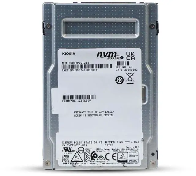 Alt view image 3 of 7 - Kioxia CD8P-V 12.8TB KCD8XPUG12T8 3 DWPD PCIe Gen5 x4 16GB/s U.3 NVMe 2.5" SSD