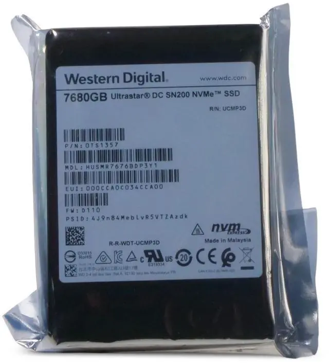 Main image of WD DC SN200 7.68TB HUSMR7676BDP3Y1 0TS1357 PCIe Gen 3.0 x4 4GB/s NVMe 2.5" SSD