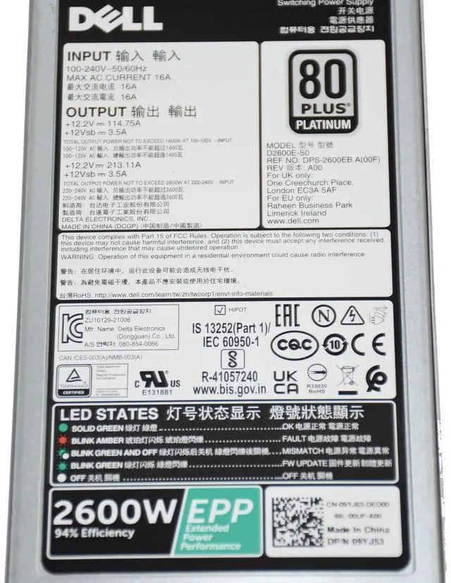 Alt view image 5 of 7 - Dell EMC PowerEdge C6420 2600W Hot-Swap 80+ Platinum Power Supply Unit 9YJ53