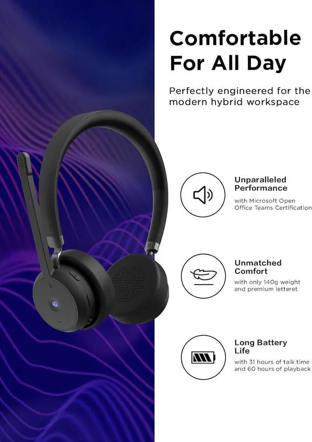 Alt view image 2 of 7 - Lenovo Wireless VoIP Headset Teams Certified, Noise-Canceling Mic, Bluetooth 5.3