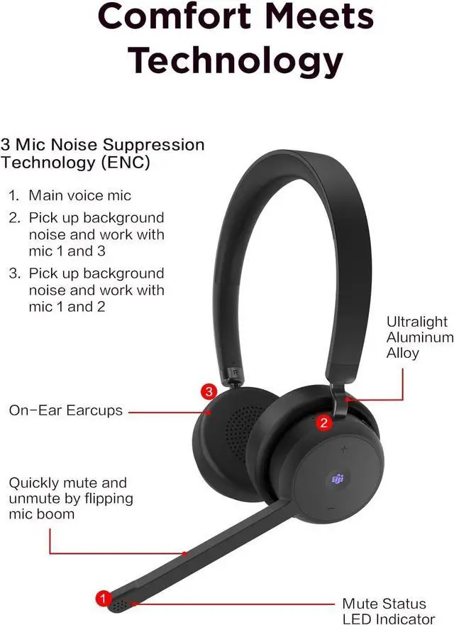 Alt view image 3 of 7 - Lenovo Wireless VoIP Headset Teams Certified, Noise-Canceling Mic, Bluetooth 5.3