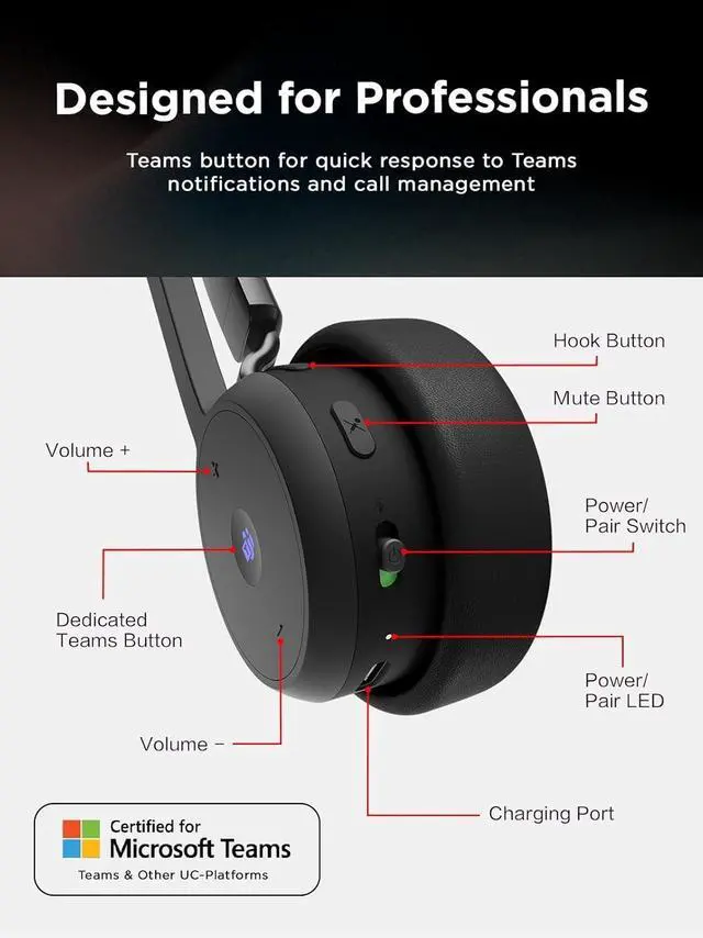 Alt view image 5 of 7 - Lenovo Wireless VoIP Headset Teams Certified, Noise-Canceling Mic, Bluetooth 5.3