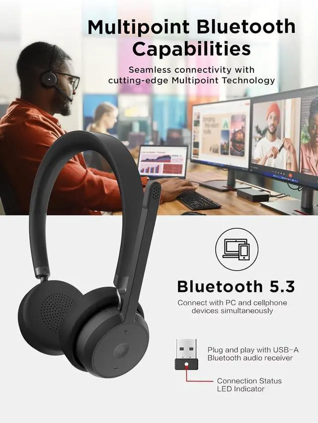 Alt view image 6 of 7 - Lenovo Wireless VoIP Headset Teams Certified, Noise-Canceling Mic, Bluetooth 5.3