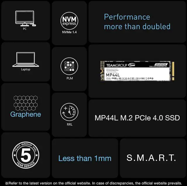 Alt view image 3 of 7 - TEAMGROUP MP44L 500GB SLC Cache NVMe PCIe Gen 4x4 M.2 2280 Laptop&Desktop SSD