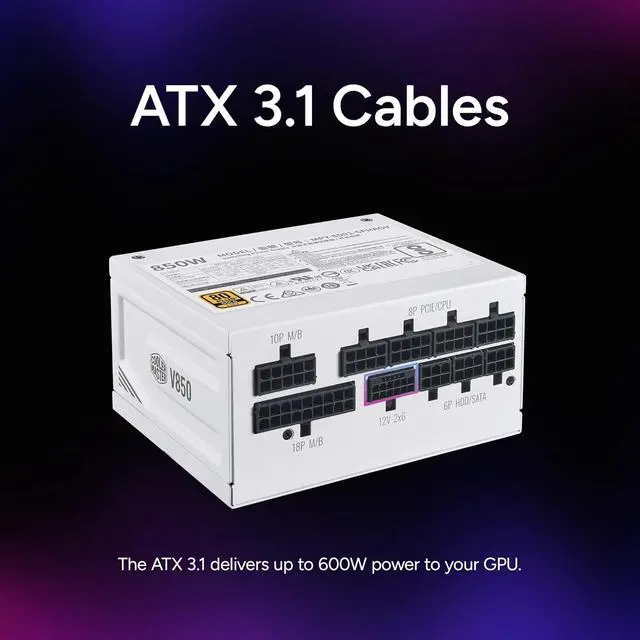 Alt view image 7 of 7 - Cooler Master V850 SFX Gold 850W PSU Fully Modular ATX 3.1, 80 Plus Gold (White)