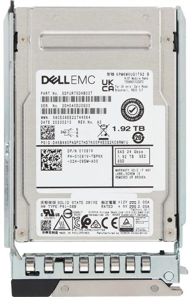 Alt view image 5 of 5 - (NOT FOR HOME PC!) Dell 1.92TB 24Gbps SAS MU TLC SED FIPS 2.5 SSD KPM6WVUG1T92 (1081V-CDL)