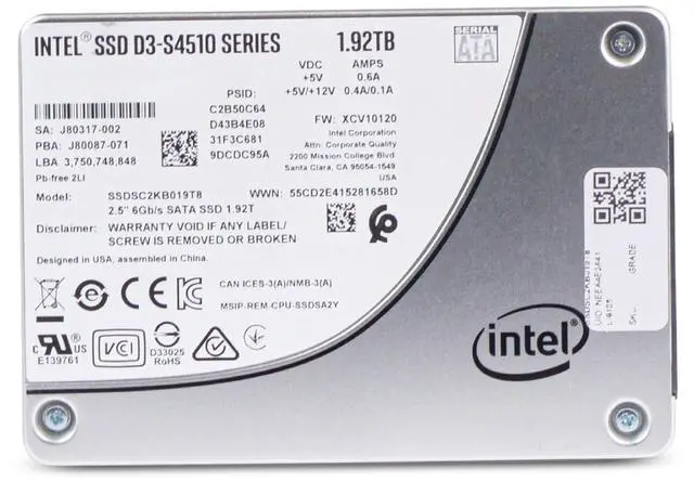 Alt view image 2 of 7 - Intel D3-S4510 1.92TB SSDSC2KB019T8 SATA 6Gb/s 3D TLC 2 DWPD 2.5" Enterprise SSD