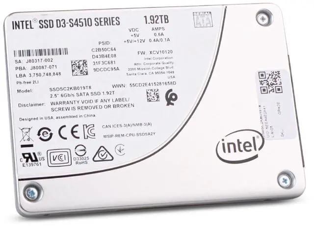 Alt view image 4 of 7 - Intel D3-S4510 1.92TB SSDSC2KB019T8 SATA 6Gb/s 3D TLC 2 DWPD 2.5" Enterprise SSD