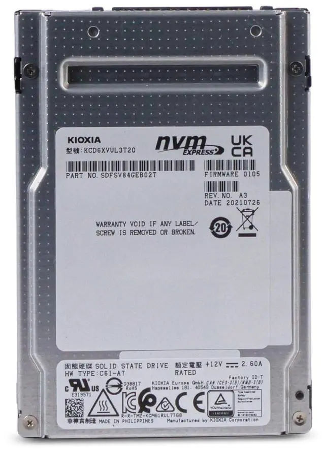 Alt view image 3 of 7 - Kioxia CD6-V 3.2TB KCD6XVUL3T20 PCIe Gen 4.0 x4 8GB/s 3D TLC U.3 NVMe 2.5" SSD