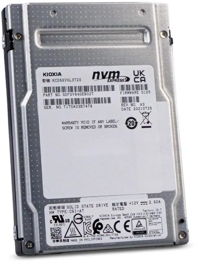 Alt view image 5 of 7 - Kioxia CD6-V 3.2TB KCD6XVUL3T20 PCIe Gen 4.0 x4 8GB/s 3D TLC U.3 NVMe 2.5" SSD