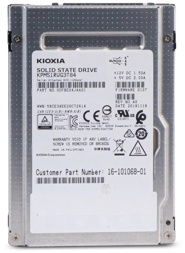 Alt view image 3 of 7 - (NOT FOR HOME PC!) Kioxia PM5-R 3.84TB KPM51RUG3T84 SAS 12Gb/s 3D TLC 2.5in Read Intensive SSD