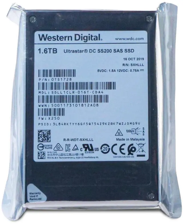 Main image of (NOT FOR HOME PC!) WD DC SS200 1.6TB SDLL1CLR-016T-CDA4 0TS1728 SAS 12Gb/s MLC 3 DWPD 2.5" SSD