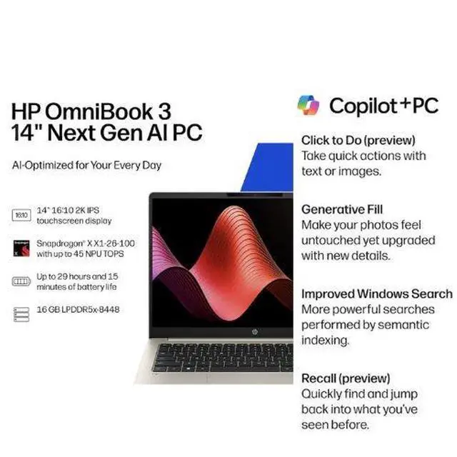 Alt view image 5 of 5 - HP OmniBook 3 AI PC 14.0" Touch WUXGA Snapdragon X X1-26-100 16GB RAM 512GB W11H