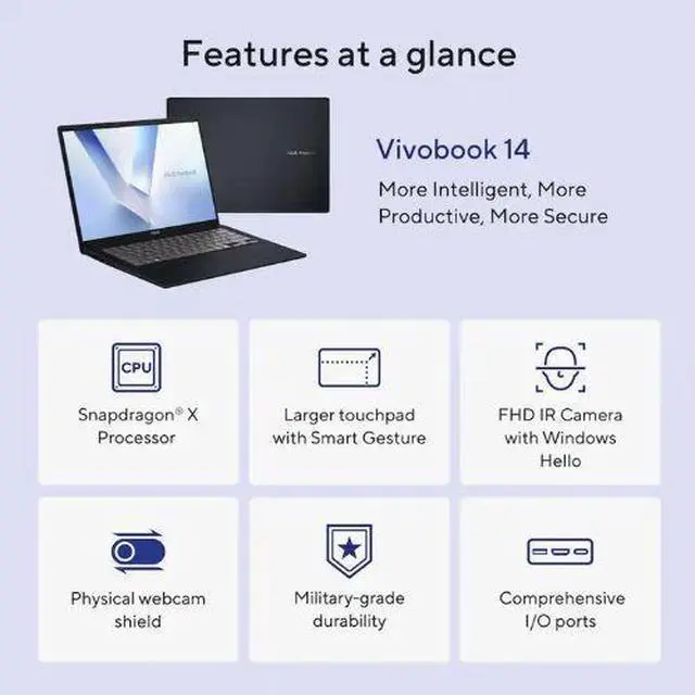 Alt view image 5 of 5 - ASUS Vivobook 14 14.0" WUXGA 3.00GHz Snapdragon X X1-26-100 16GB RAM 512GB W11H