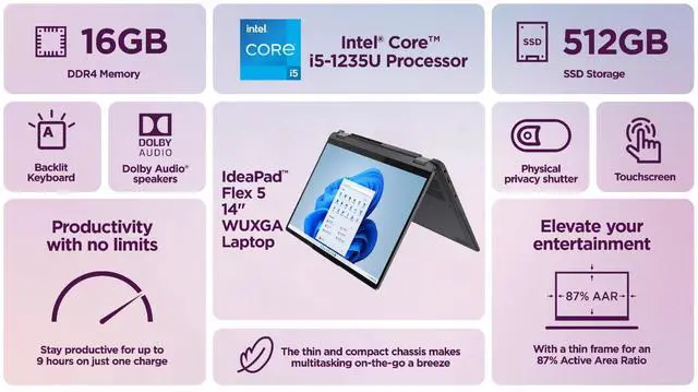 Alt view image 3 of 7 - Lenovo IdeaPad Flex 5 Laptop 14 Touch Backlit Intel i5 16GB RAM 512GB SSD Office