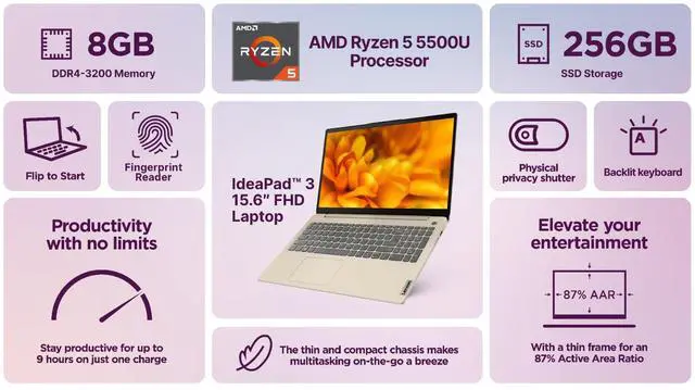 Alt view image 3 of 7 - Lenovo IdeaPad Laptop 15 6-Core Ryzen 5 8GB RAM 256GB SSD Backlit Office Pro