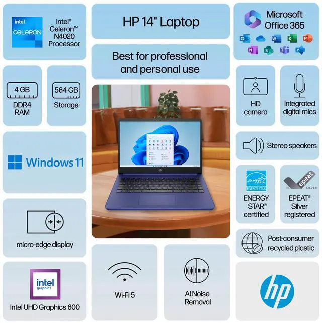 Alt view image 2 of 7 - HP Laptop Computer 14" Intel Processor 4GB RAM 564GB Storage Free Office 365
