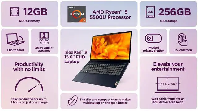 Alt view image 4 of 7 - Lenovo IdeaPad Laptop 15.6" Touch AMD Ryzen 5, 12GB RAM 256GB SSD Office Backlit