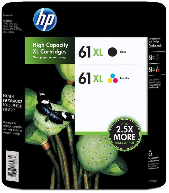 Main image of HP 61XL 2-pack High Yield Black/Tri-color Original Ink Cartridges, 1 Black (~360