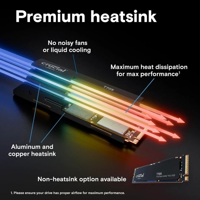 Alt view image 4 of 6 - Crucial T705 1TB PCIe Gen5 NVMe SSD Heatsink 13,600MB/s TLC CT1000T705SSD5