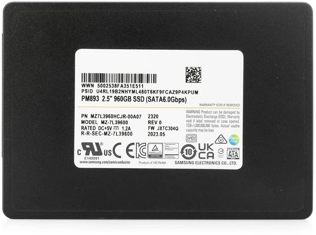 Alt view image 2 of 7 - Samsung PM983 960GB MZ7L3960HCJR SATA 6Gb/s 3D TLC 1 DWPD 2.5" Enterprise SSD