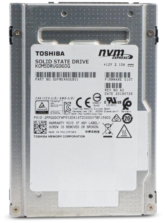 Alt view image 3 of 14 - Toshiba CM5-R 960GB KCM5DRUG960G PCIe Gen 3.0 x4 4GB/s 3D TLC U.2 NVMe 2.5" SSD