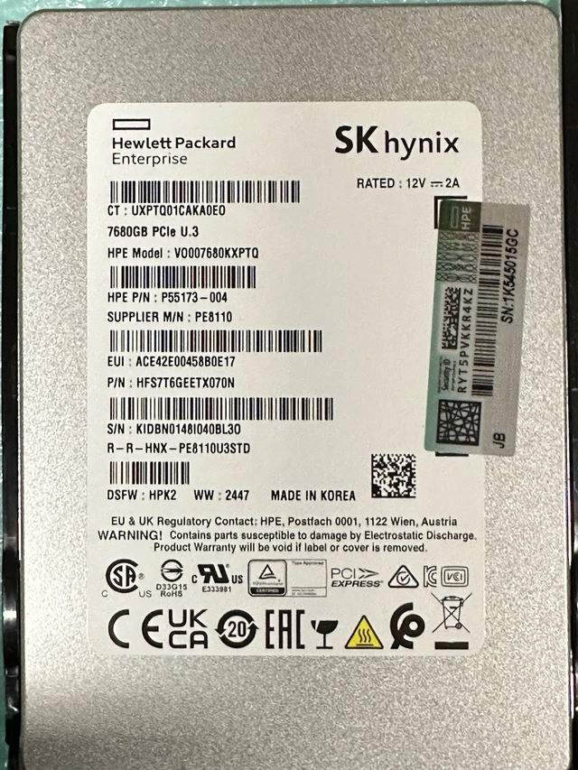 Alt view image 5 of 7 - HPE 7.68TB NVMe U.3 Static V2 SSD G4 x4 RI SFF 2.5 15mm SK Hynix PE8110 BC 100%