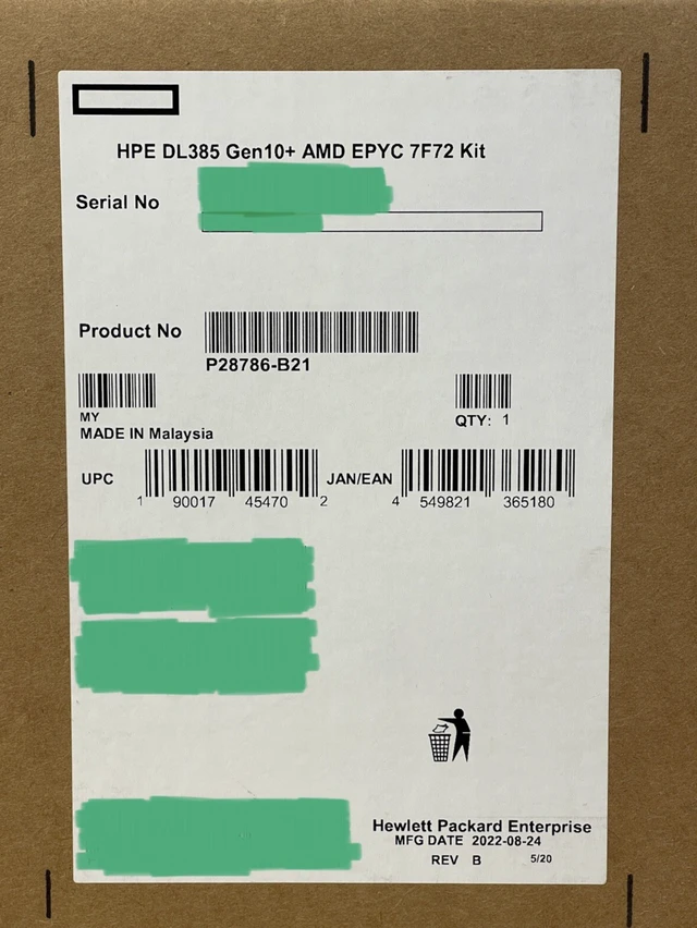 Main image of HPE DL385 Gen10/V2/Plus CPU AMD EPYC 7F72 Kit 24 Core 3.2GHz w/Heatsink+ 2x Fans