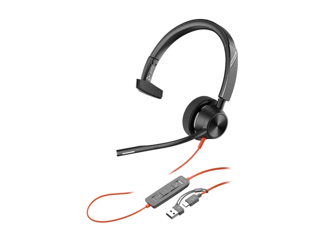 Alt view image 2 of 7 - Poly Blackwire 3310 Monaural Microsoft Teams Certified USB-C Headset +USB-C/A