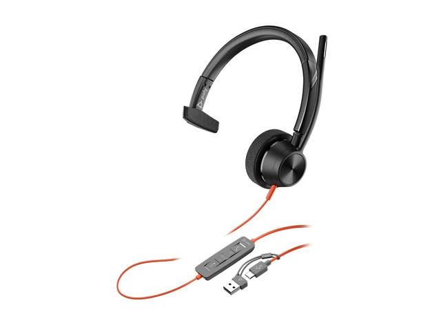 Alt view image 3 of 7 - Poly Blackwire 3310 Monaural Microsoft Teams Certified USB-C Headset +USB-C/A