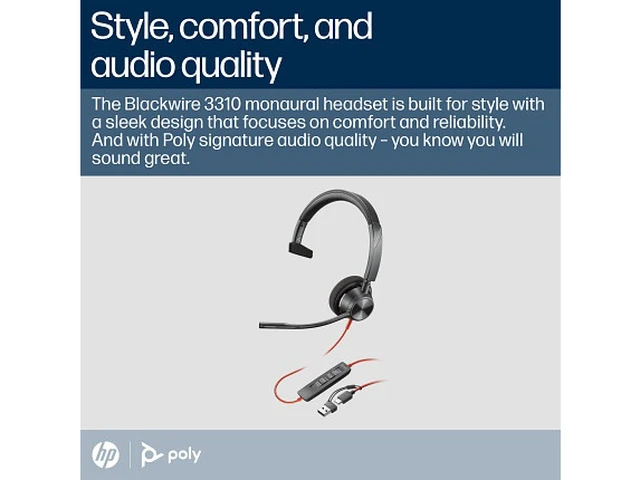 Alt view image 5 of 7 - Poly Blackwire 3310 Monaural Microsoft Teams Certified USB-C Headset +USB-C/A