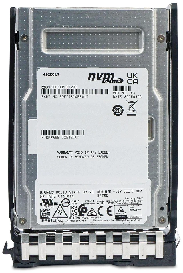 Alt view image 4 of 7 - Kioxia 12.8TB KCD8XPUG12T8 3 DWPD PCIe Gen5.0 x4 U.3 NVMe 2.5" SSD HP Gen11 Tray