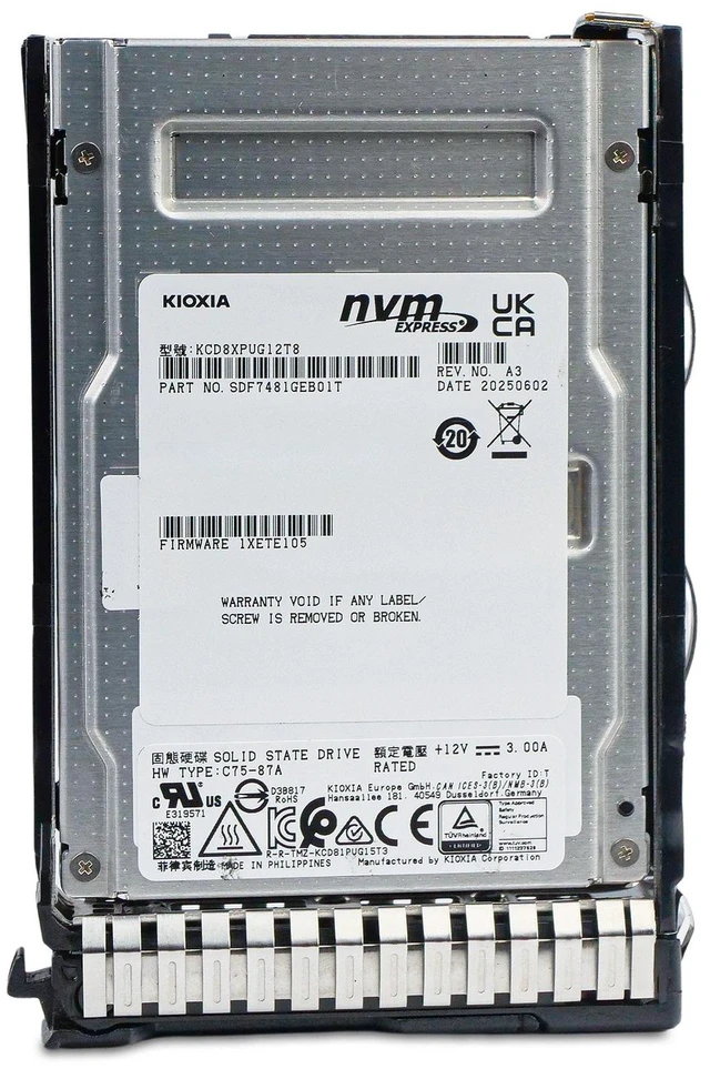 Alt view image 4 of 7 - Kioxia 12.8TB KCD8XPUG12T8 3 DWPD PCIe Gen5.0 x4 U.3 NVMe 2.5" SSD HP Gen8 Tray