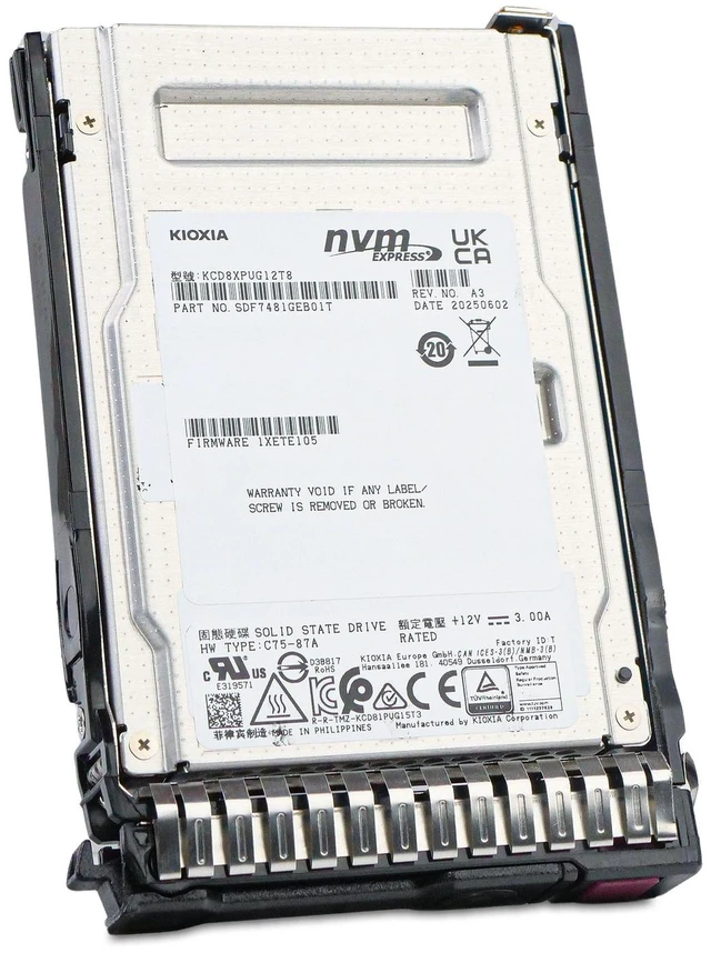 Alt view image 6 of 7 - Kioxia 12.8TB KCD8XPUG12T8 3 DWPD PCIe Gen5.0 x4 U.3 NVMe 2.5" SSD HP Gen8 Tray