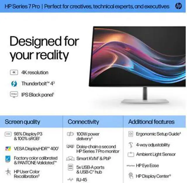 Alt view image 12 of 13 - HP Series 7 Pro 727pk 27" 4K UHD IPS Monitor 5 ms GtG, 16:9 2000:1 Edge-Lit USB-C, DisplayHDR 400, Thunderbolt 4, HDMI & DisplayPort - 8J9G2AA