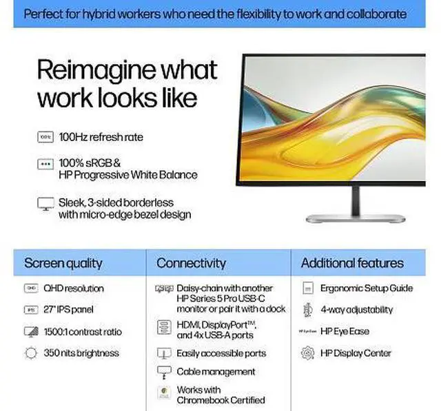 Alt view image 14 of 20 - HP Series 5 Pro 27" QHD Monitor LED 16:9 60Hz Response Time 5 ms GtG Contrast Ratio 1500:1 Brightness 350 cd/m² Height, Tilt, Swivel, Pivot DisplayPort HDMI - 9D9S0UT
