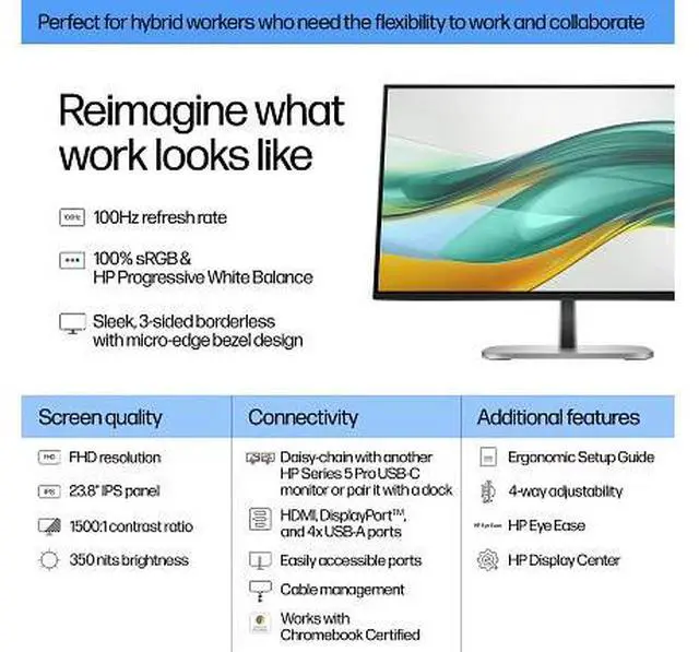 Alt view image 13 of 20 - HP Series 5 Pro 23.8" FHD Monitor Refresh Rate 100Hz Response Time 5ms GtG Contrast Ratio 1500:1 Edge-lit Tilt Swivel Height Adjustable Stand HDMI & DisplayPort - 9D9L6UT