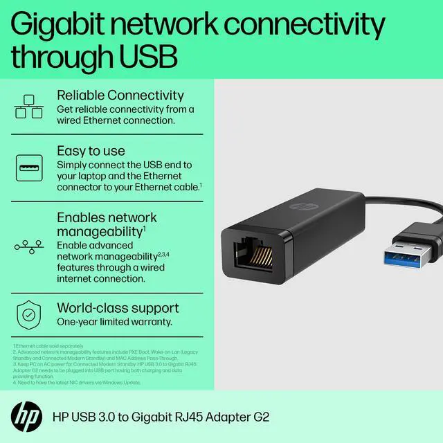 Alt view image 8 of 8 - HP USB 3.0 to Gigabit RJ45 Adapter G2